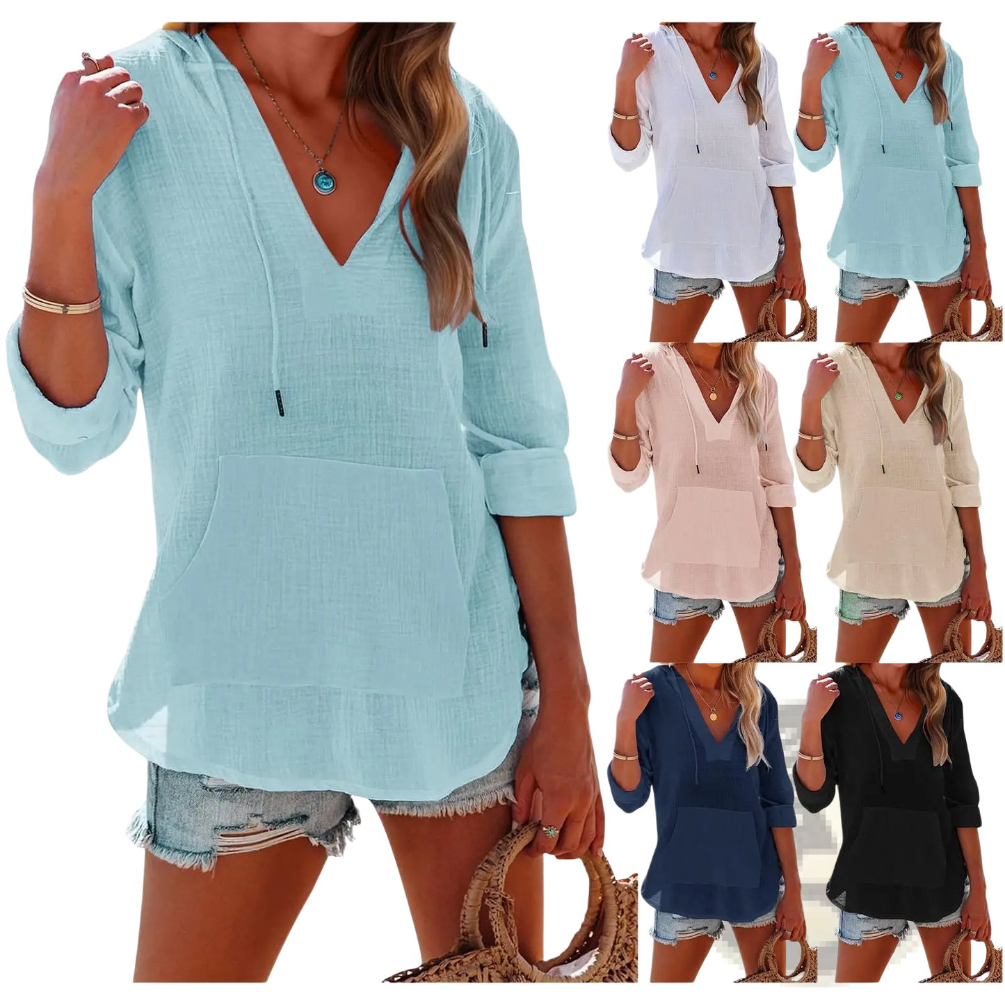 Women's v Neck Cotton Linen Hooded Pullover with Pockets