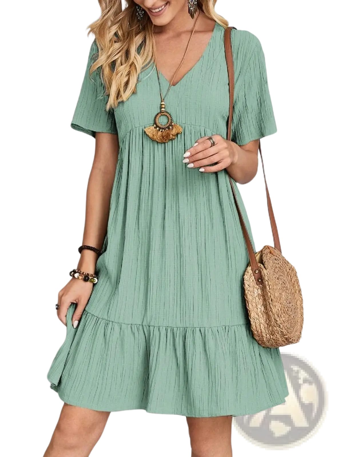 Women's V-neck Tiered Pleated Summer Dress
