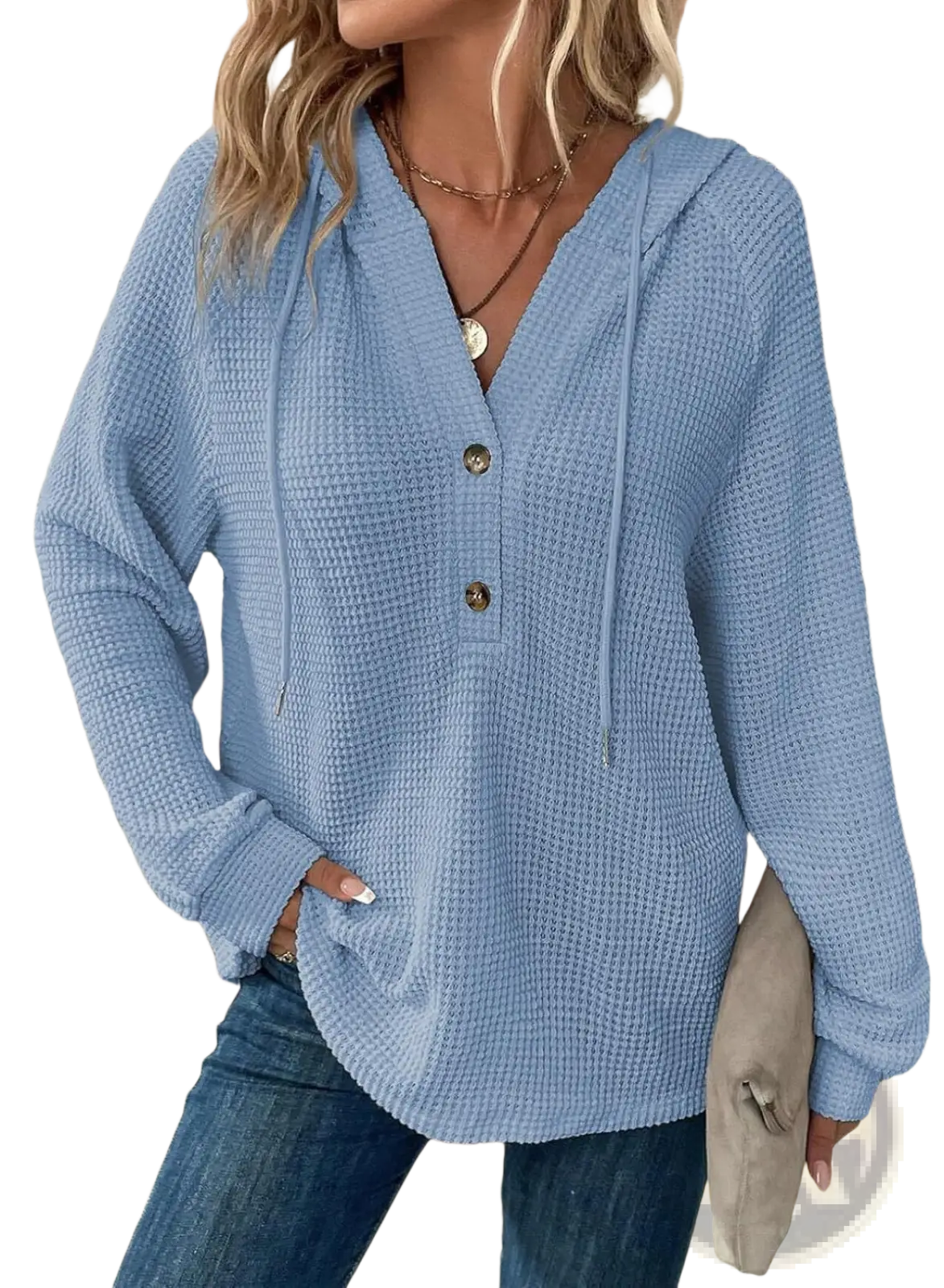 Women's v Neck Waffle Knit Button Hoodie Sweater