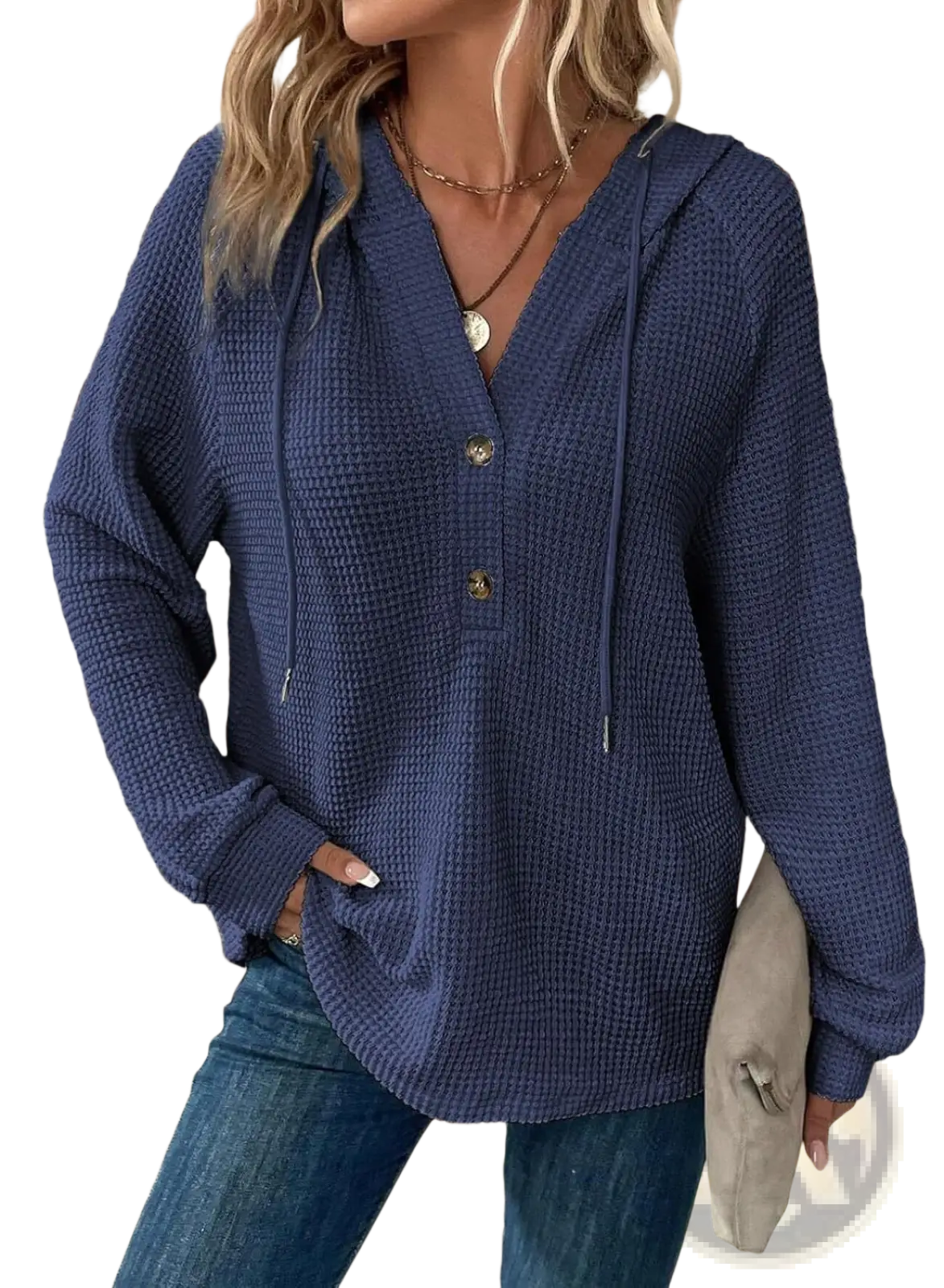 Women's v Neck Waffle Knit Button Hoodie Sweater