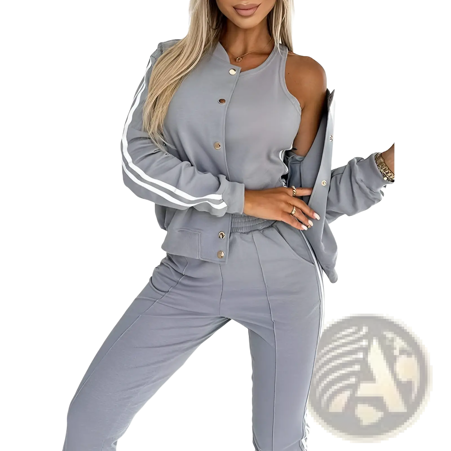 Women's Varsity Button Up Jogger Set Three Piece Suit