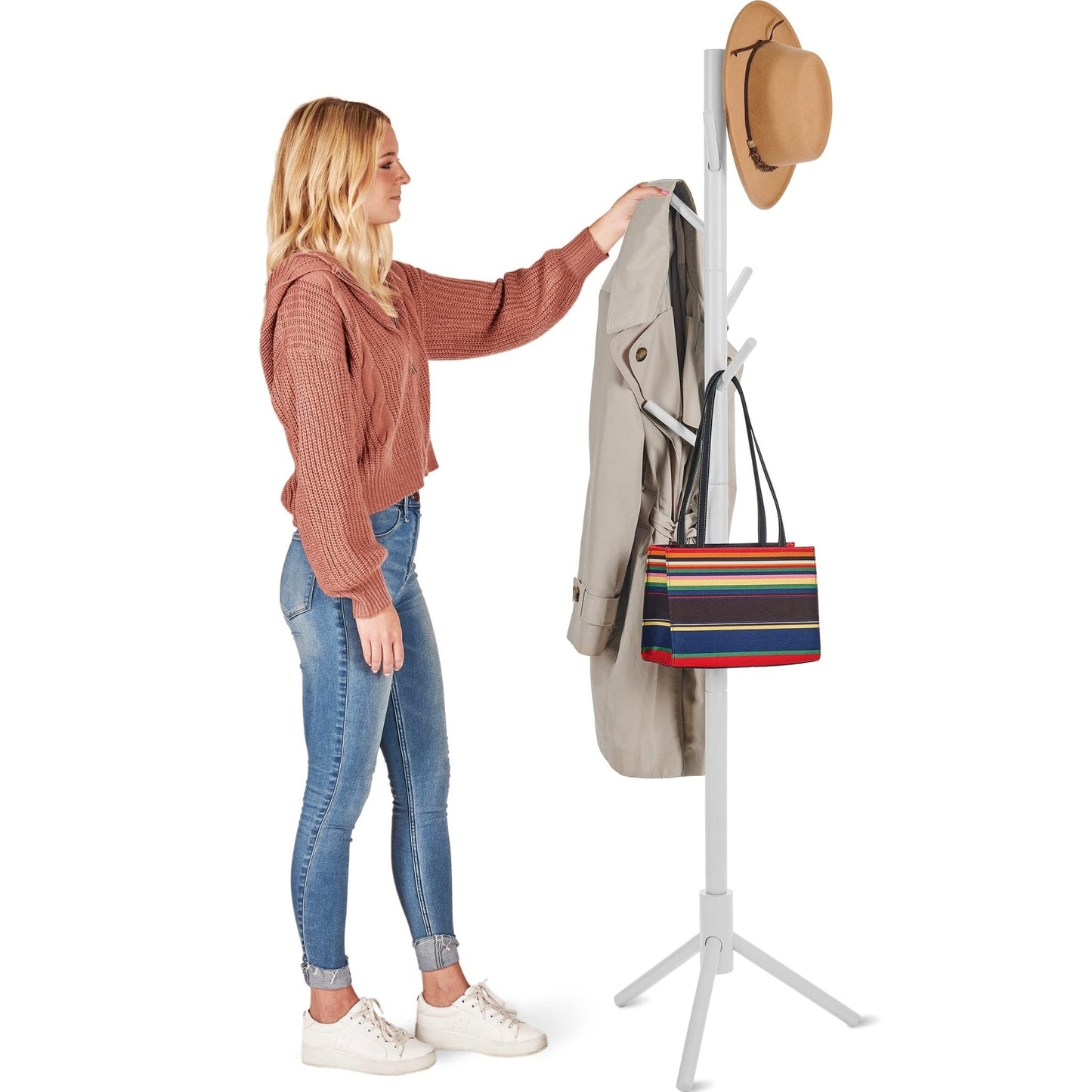 Coat Rack Free Standing - Wooden Coat Tree W/ 6 Hooks