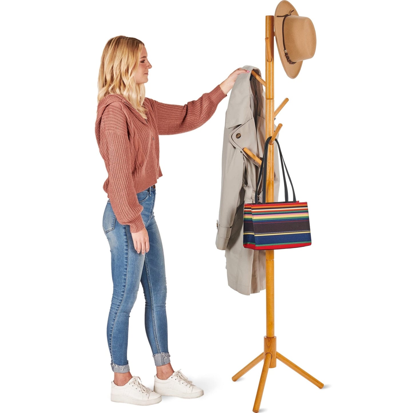 Coat Rack Free Standing - Wooden Coat Tree W/ 6 Hooks