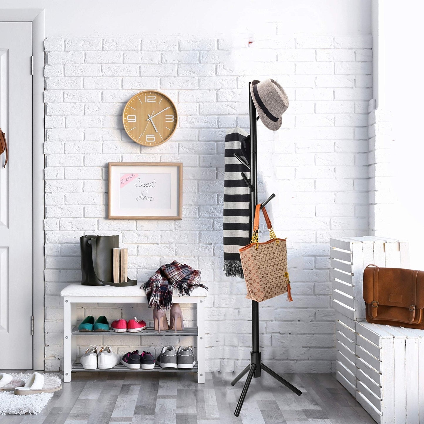 Coat Rack Free Standing - Wooden Coat Tree W/ 6 Hooks