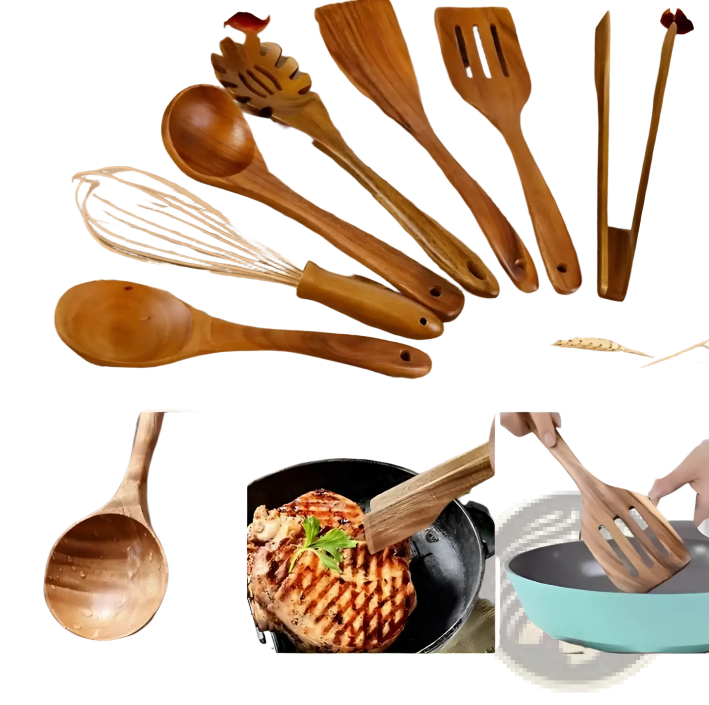 Wooden Cooking Utensils 7 Piece Non Stick Kitchen Set