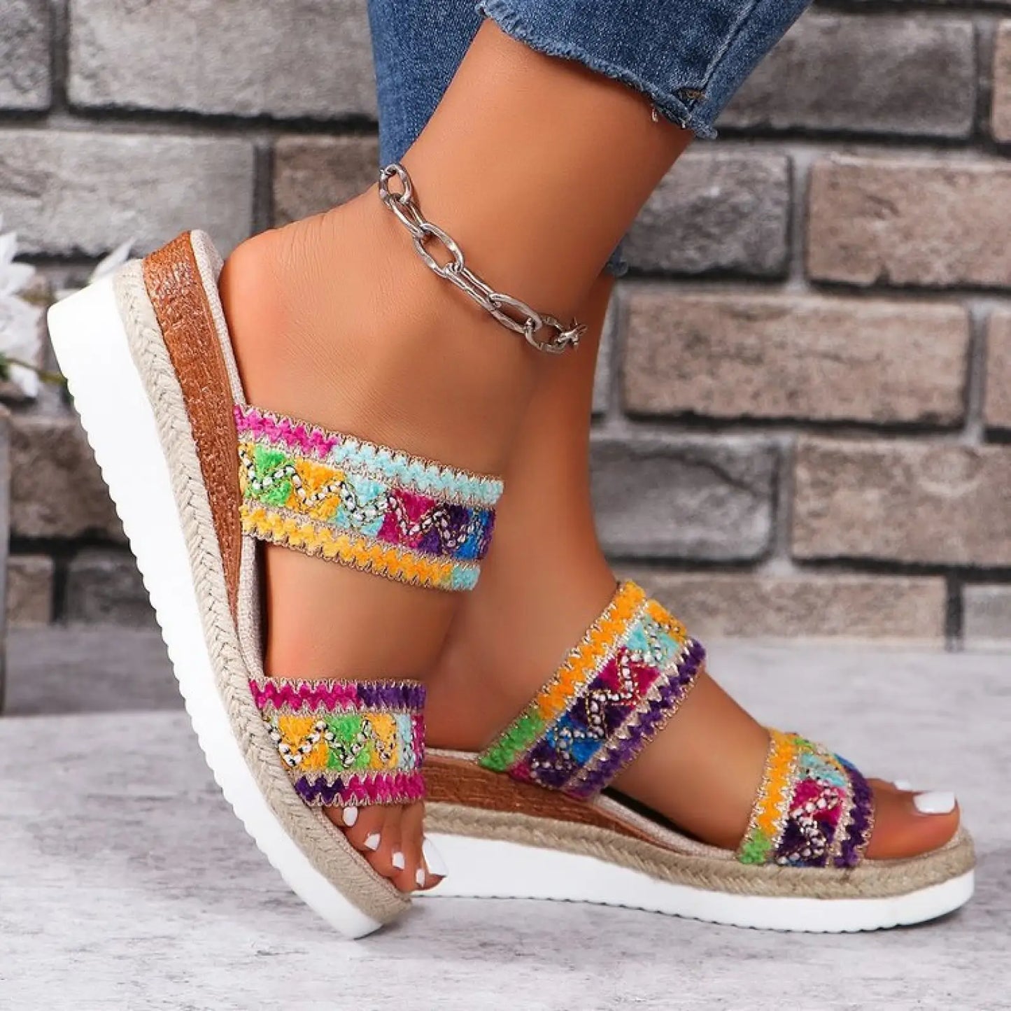 Woven Wavy Pattern Ethnic Wedge Sandals for Women
