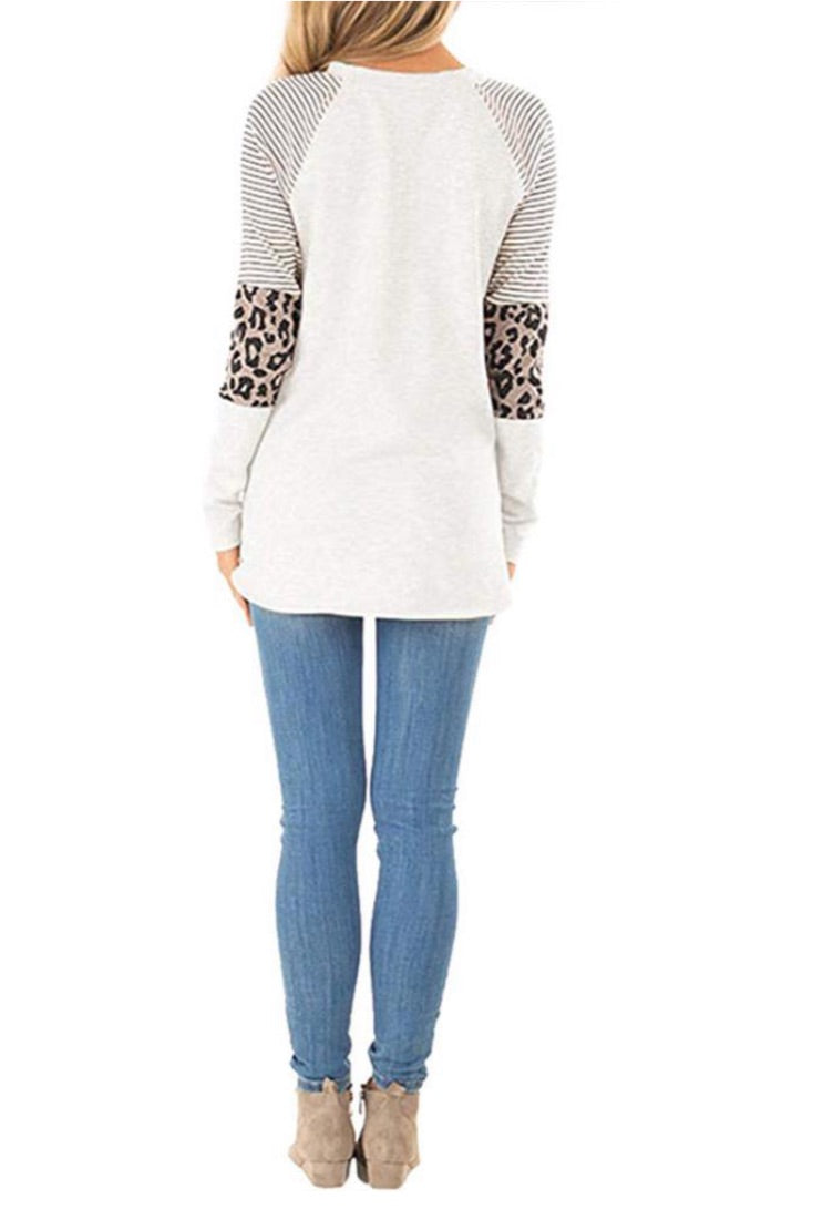 Frankie & Pop Women's Crew Neck Long Sleeve Stripes Raglan Leopard Print Top White Size Small