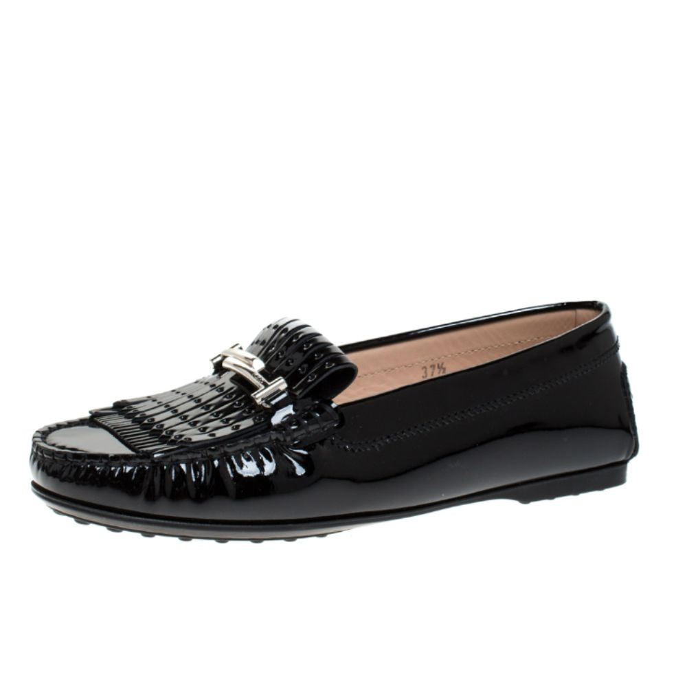 tods-womens-black-patent-leather-gommino-fringe-double-t-loafers-size-41