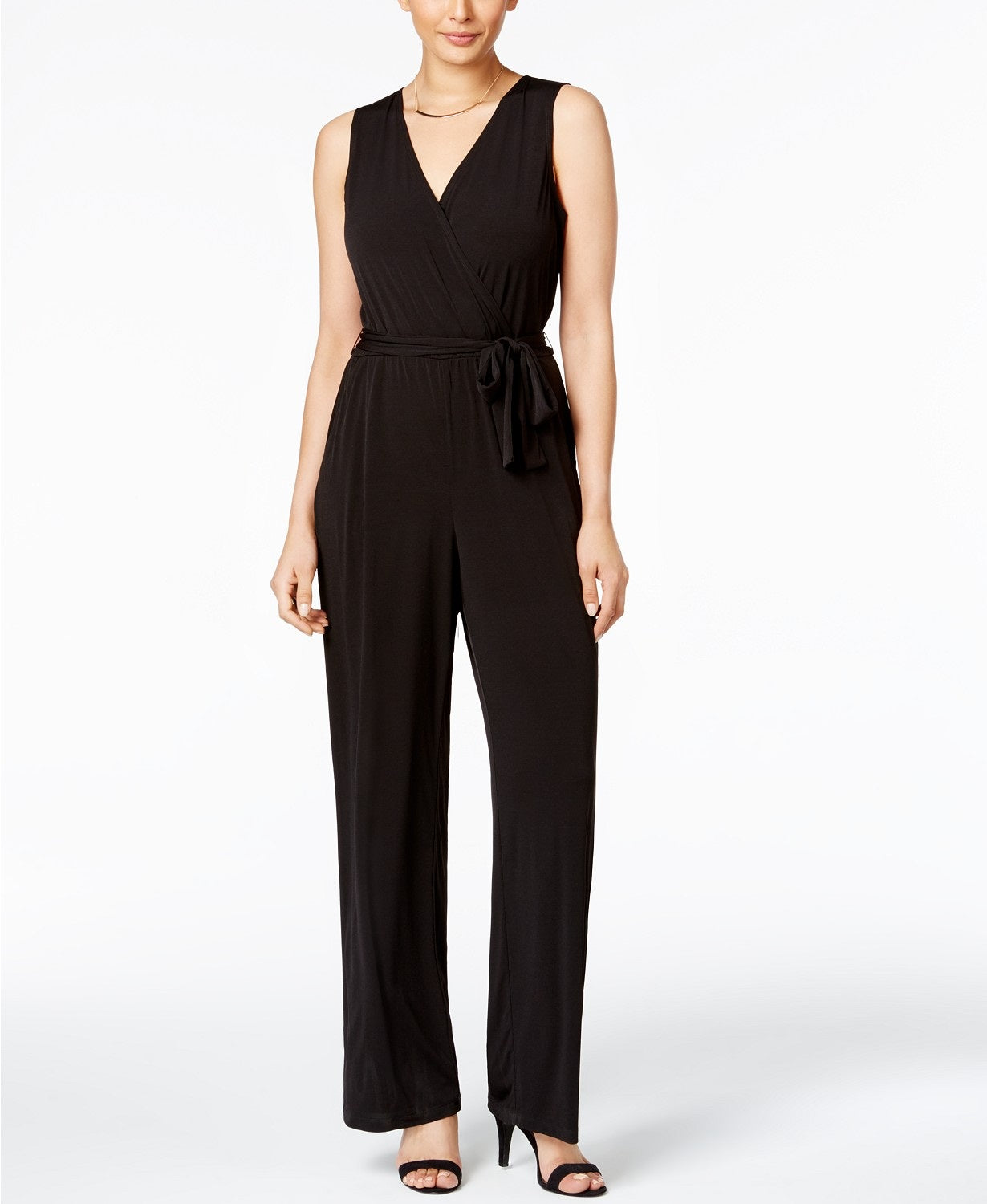 NY Collection Women's Petite Surplice Belted Wide-Leg Jumpsuit Size X-Large