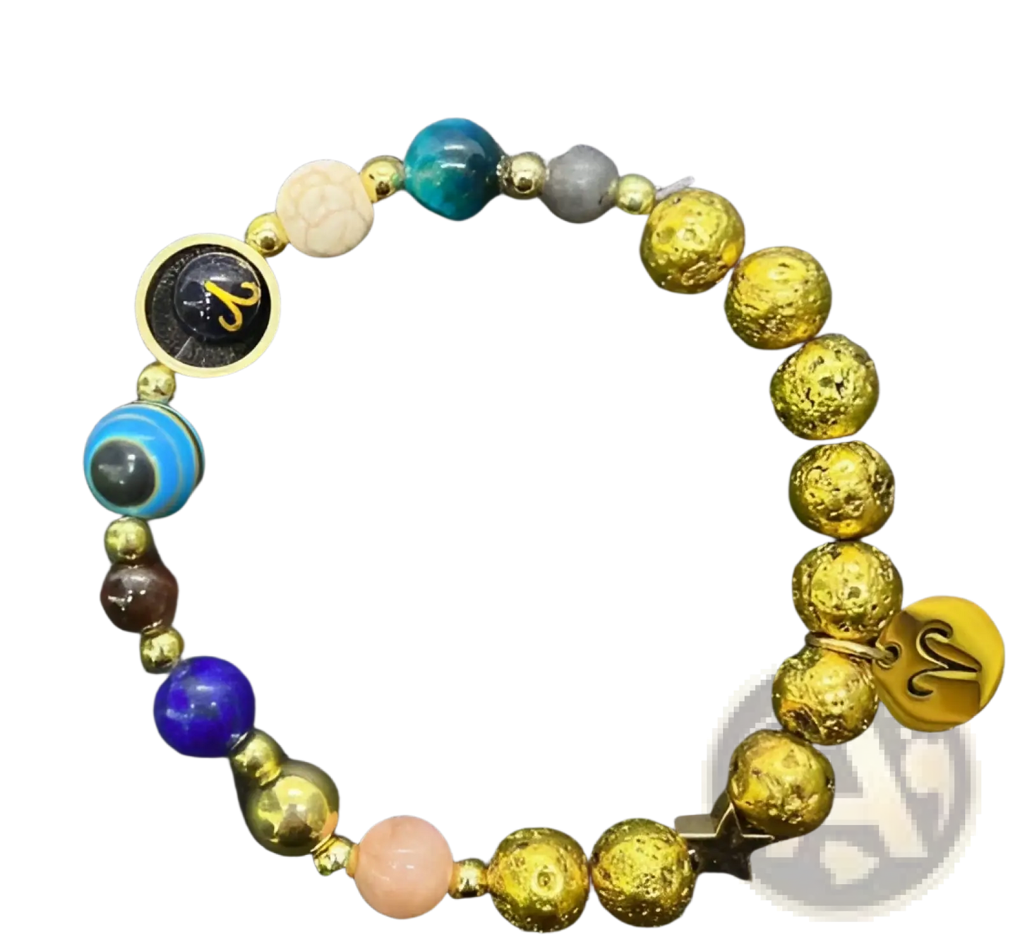 Zodiac Volcanic Stone Beaded Bracelet with Gold Charms