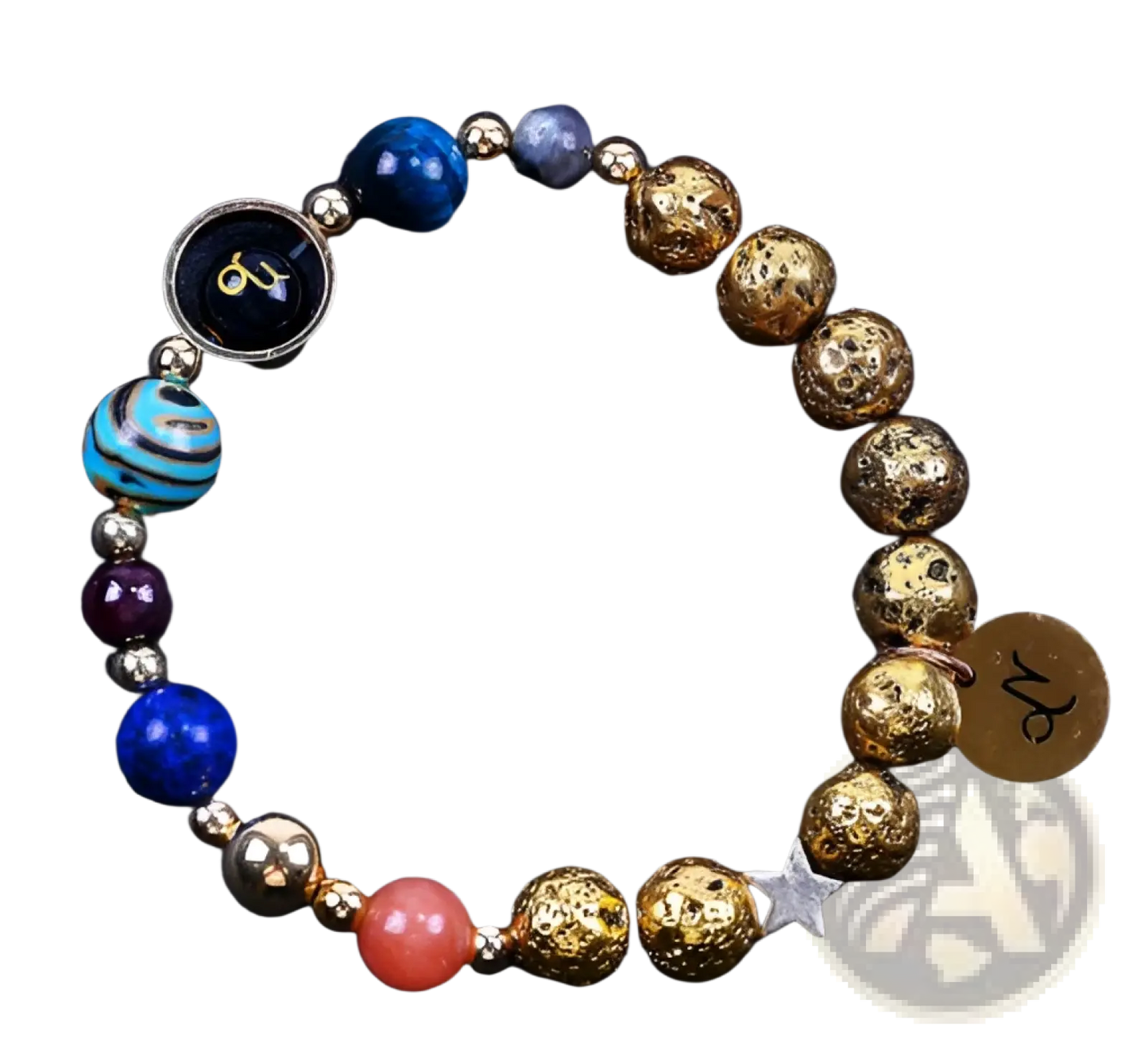 Zodiac Volcanic Stone Beaded Bracelet with Gold Charms