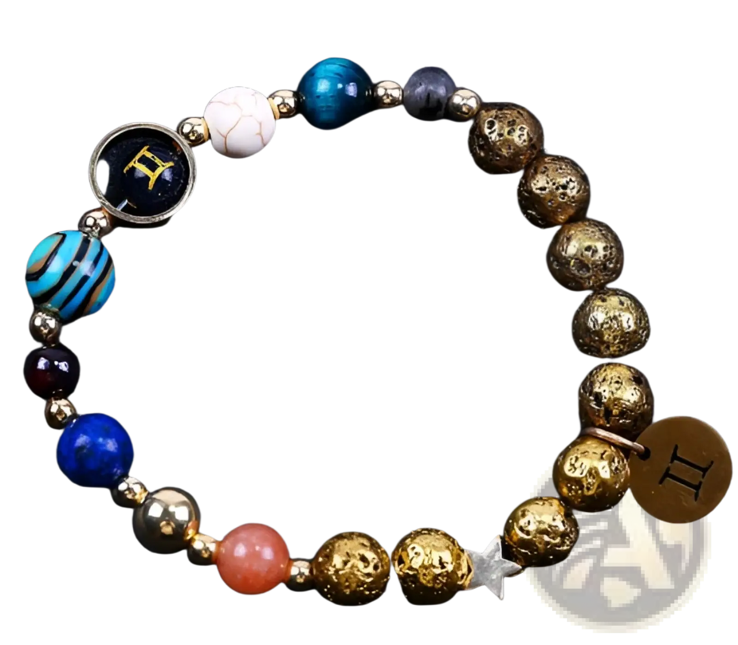 Zodiac Volcanic Stone Beaded Bracelet with Gold Charms