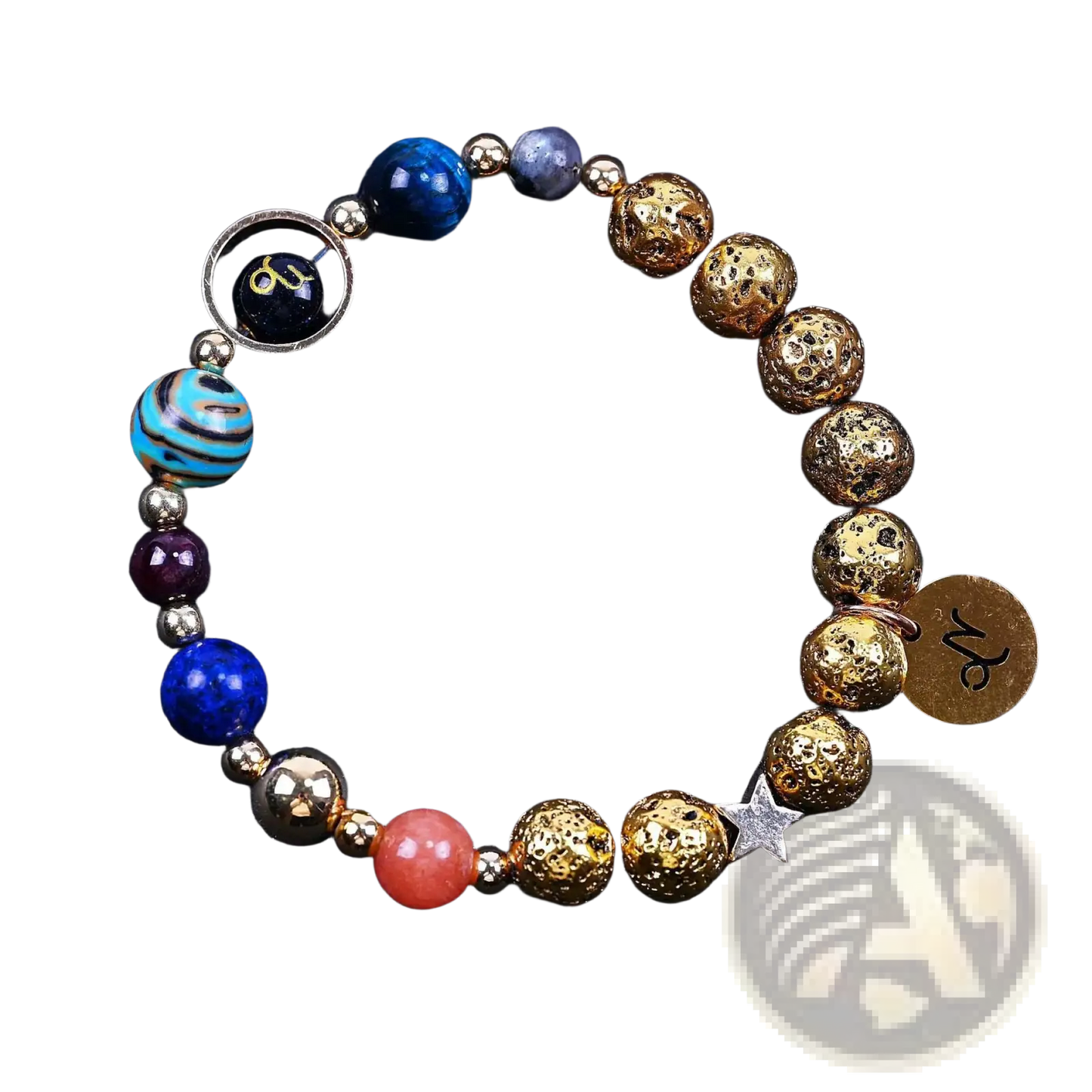 Zodiac Volcanic Stone Beaded Bracelet with Gold Charms
