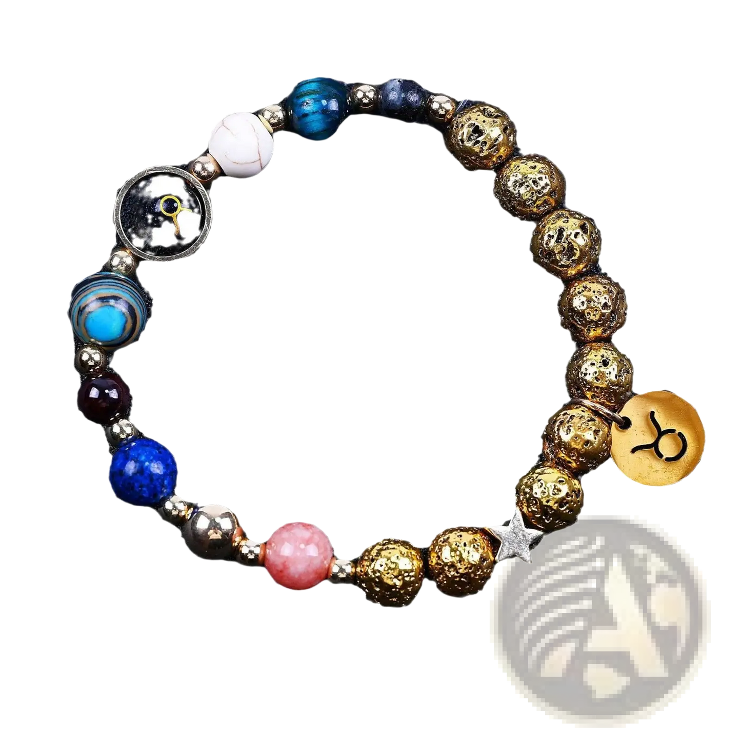 Zodiac Volcanic Stone Beaded Bracelet with Gold Charms