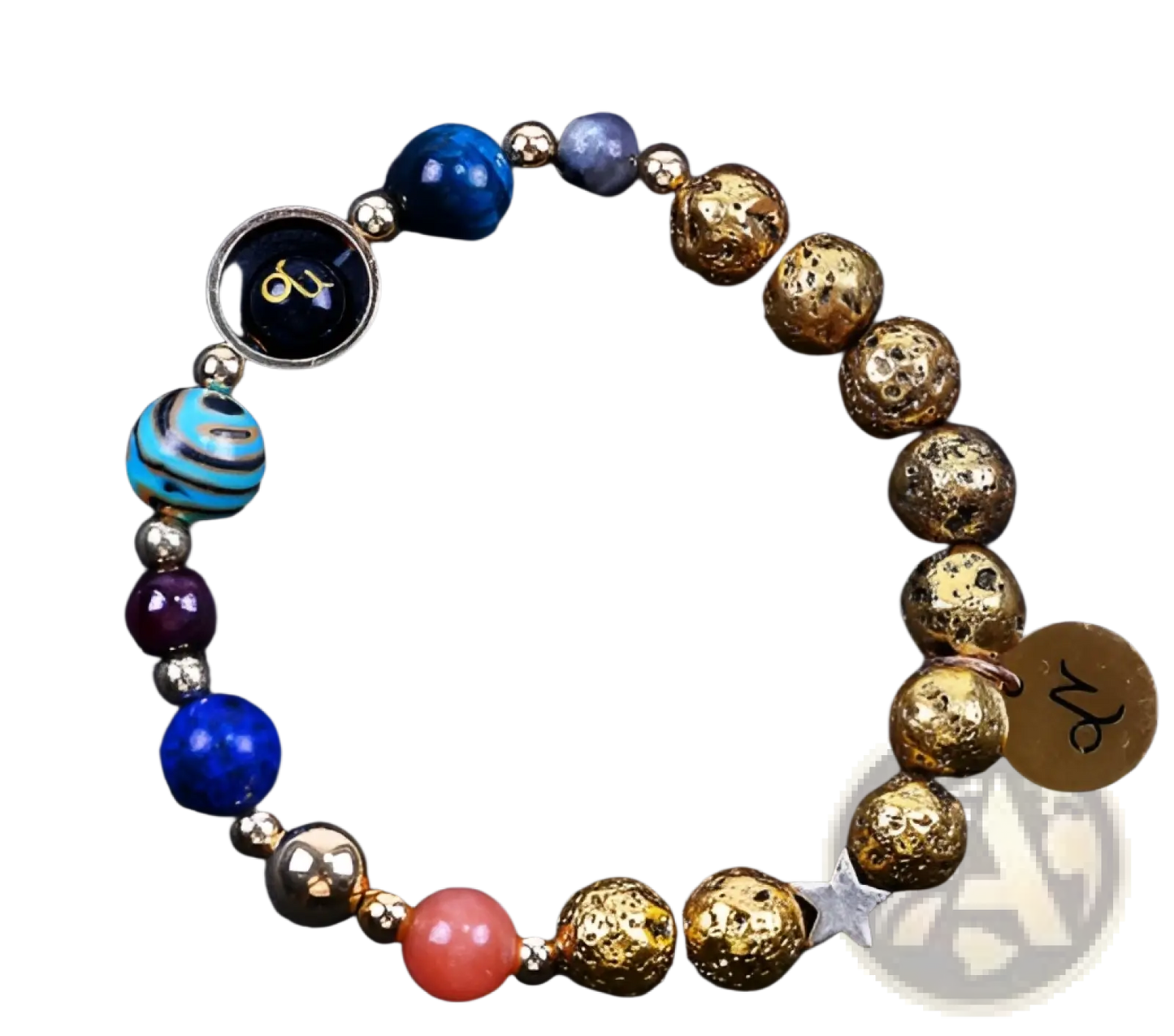 Zodiac Volcanic Stone Beaded Bracelet with Gold Charms