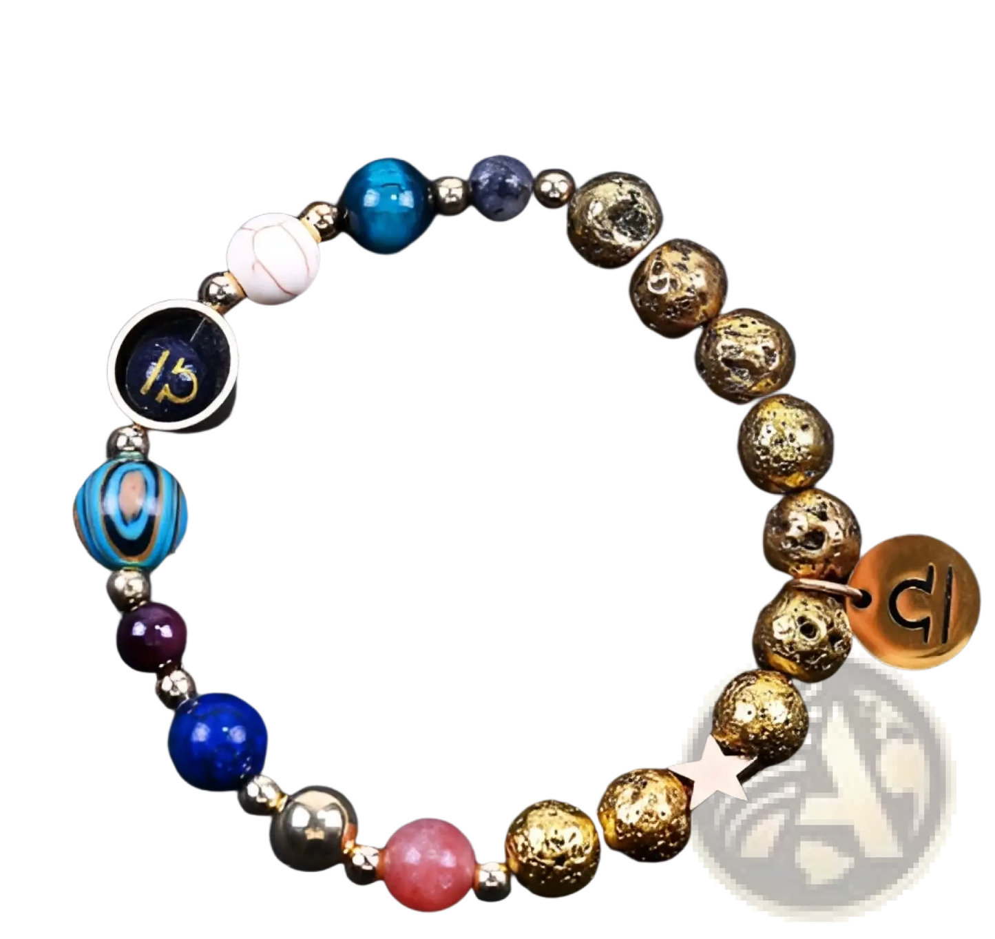 Zodiac Volcanic Stone Beaded Bracelet with Gold Charms