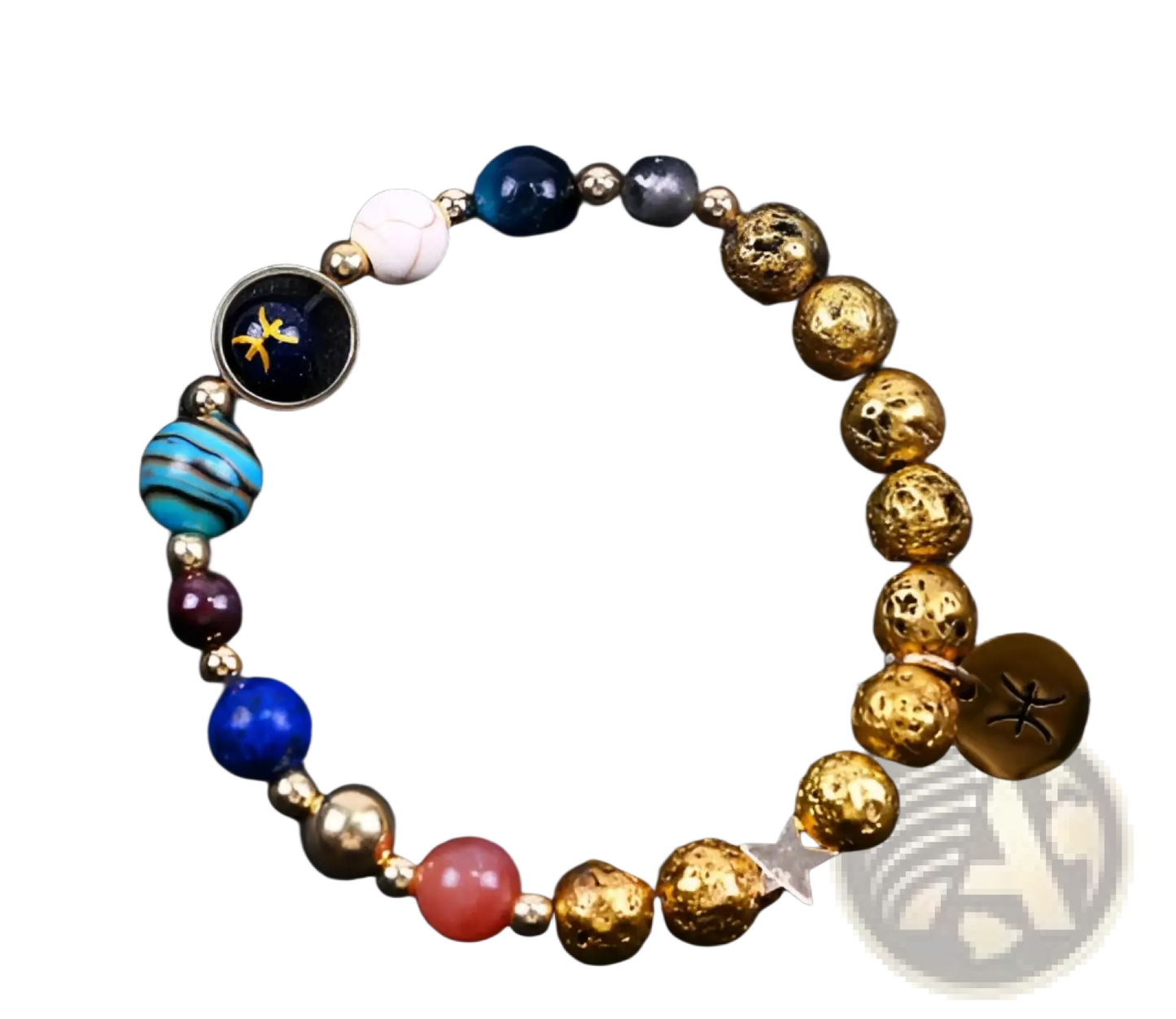 Zodiac Volcanic Stone Beaded Bracelet with Gold Charms